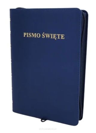 Biblia Warszawska średnia niebieska, oprawa skóropodobna, złocone brzegi, zamek